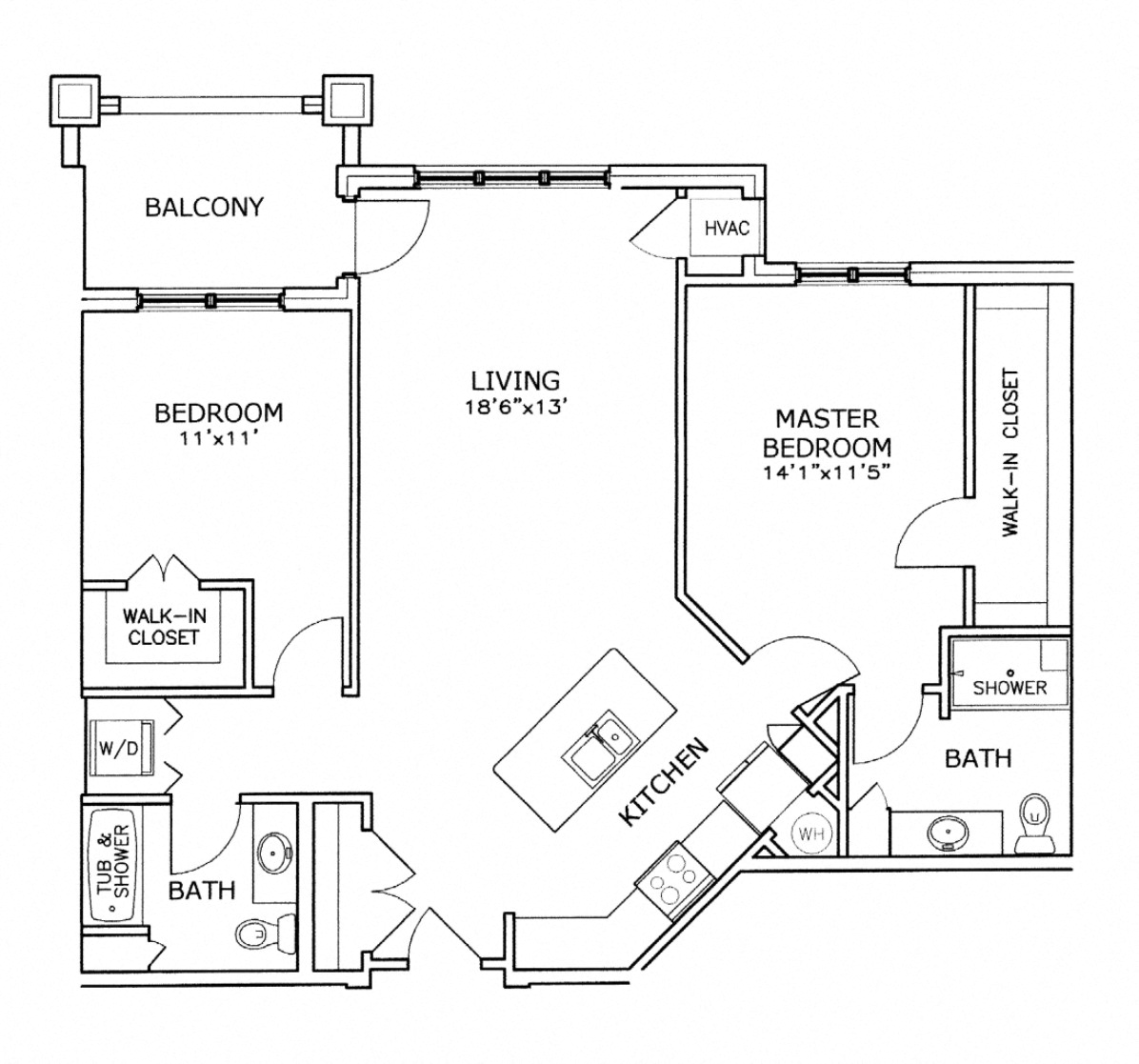 Floor plan for 2 beds, 2 baths, 1110 sqft